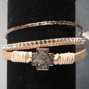 Cream Leather Gold Cross Religious Abolone Shell Pearl Magnetic Closure Bracelet